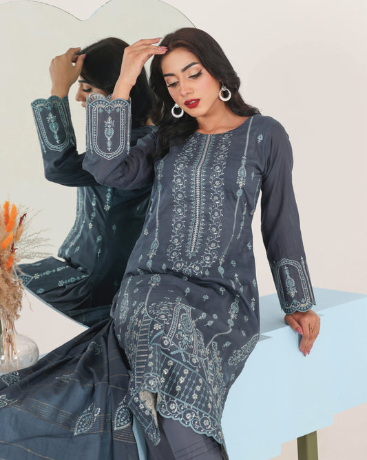 Faria Eid Ki Khushiyan Collection – Moonlit Steel 3-Piece Embroidered Lawn Suit