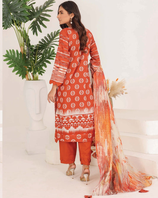 Faria Rang-e-Ronak | 3pc Unstitched Embroidered Lawn – Rust Orange