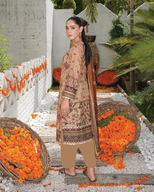 Faria Floral Caramel Beige Embroidered Lawn Suit - Premium Eid Collection 2026