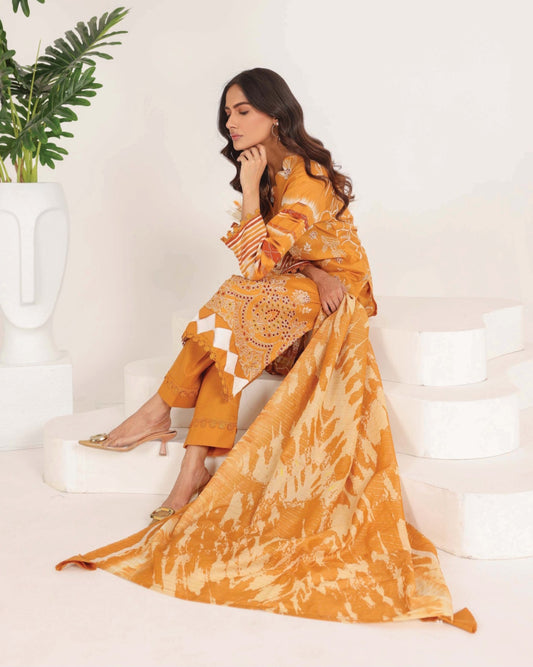 Faria Rang-e-Ronak | 3pc Unstitched Embroidered Lawn – Mustard Yellow