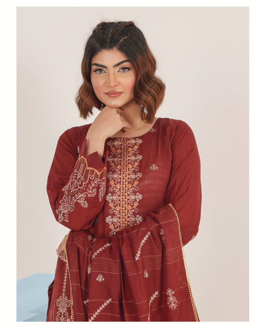 Faria Eid Ki Khushiyan Collection – Royal Burgundy 3-Piece Embroidered Lawn Suit