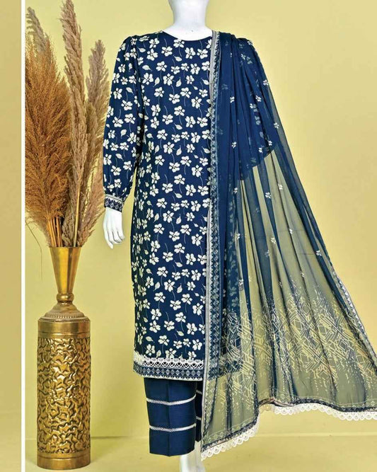 Murashe D-02: Navy Printed Viscose 3pc Suit | Bin Amin Textiles