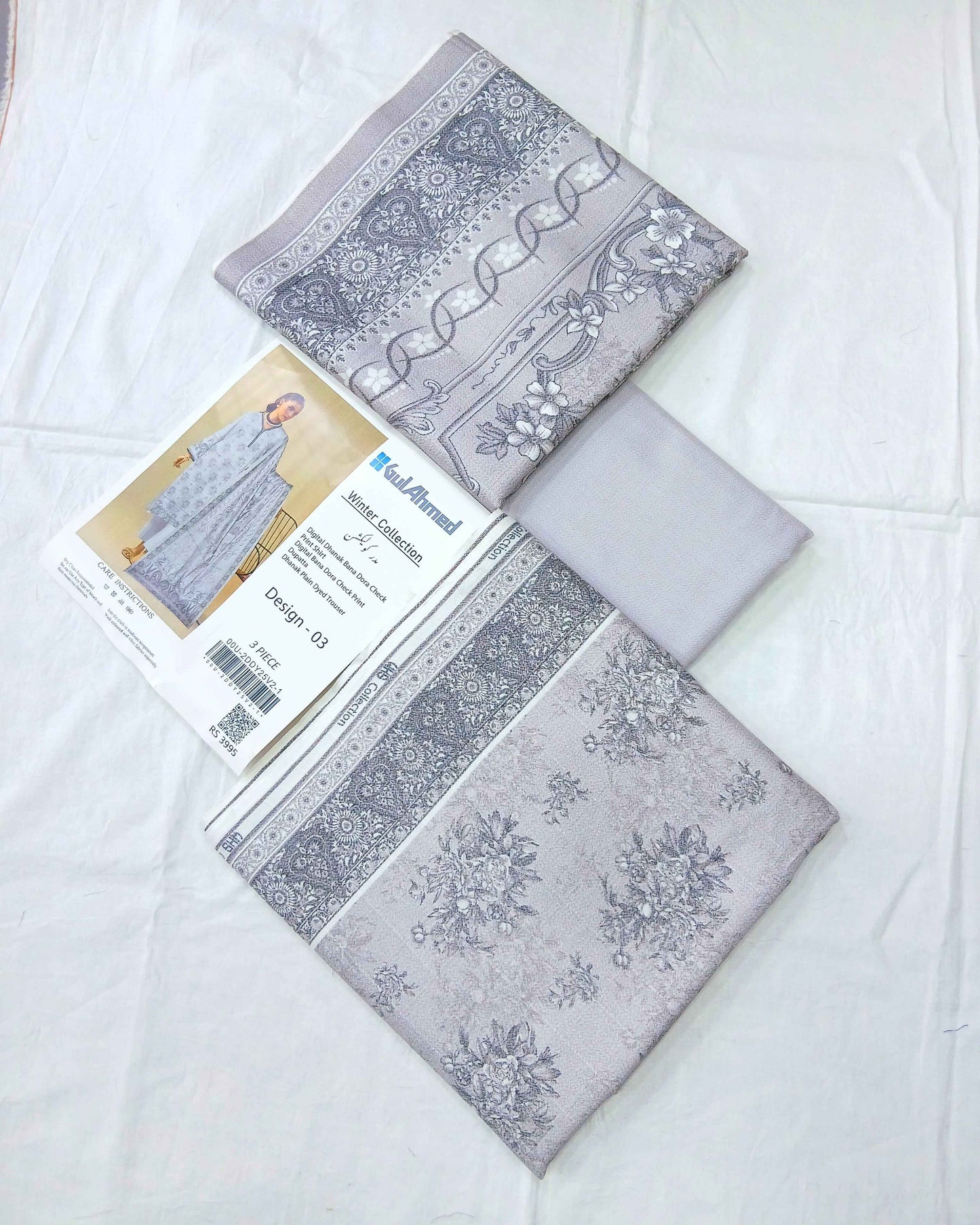 Winter Collection Light Gray Dhanak 3PC Unstitched Suit