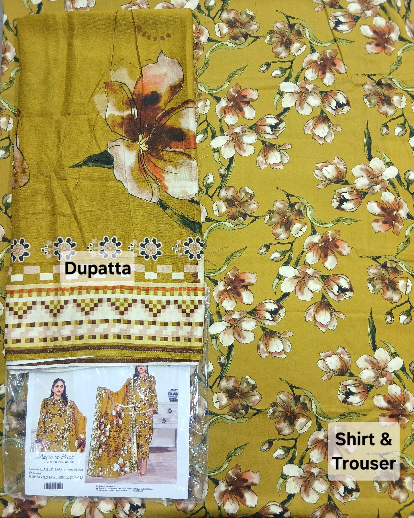 Menakari 3PC Printed Leather Peach Suit with Pure Wool Shawl