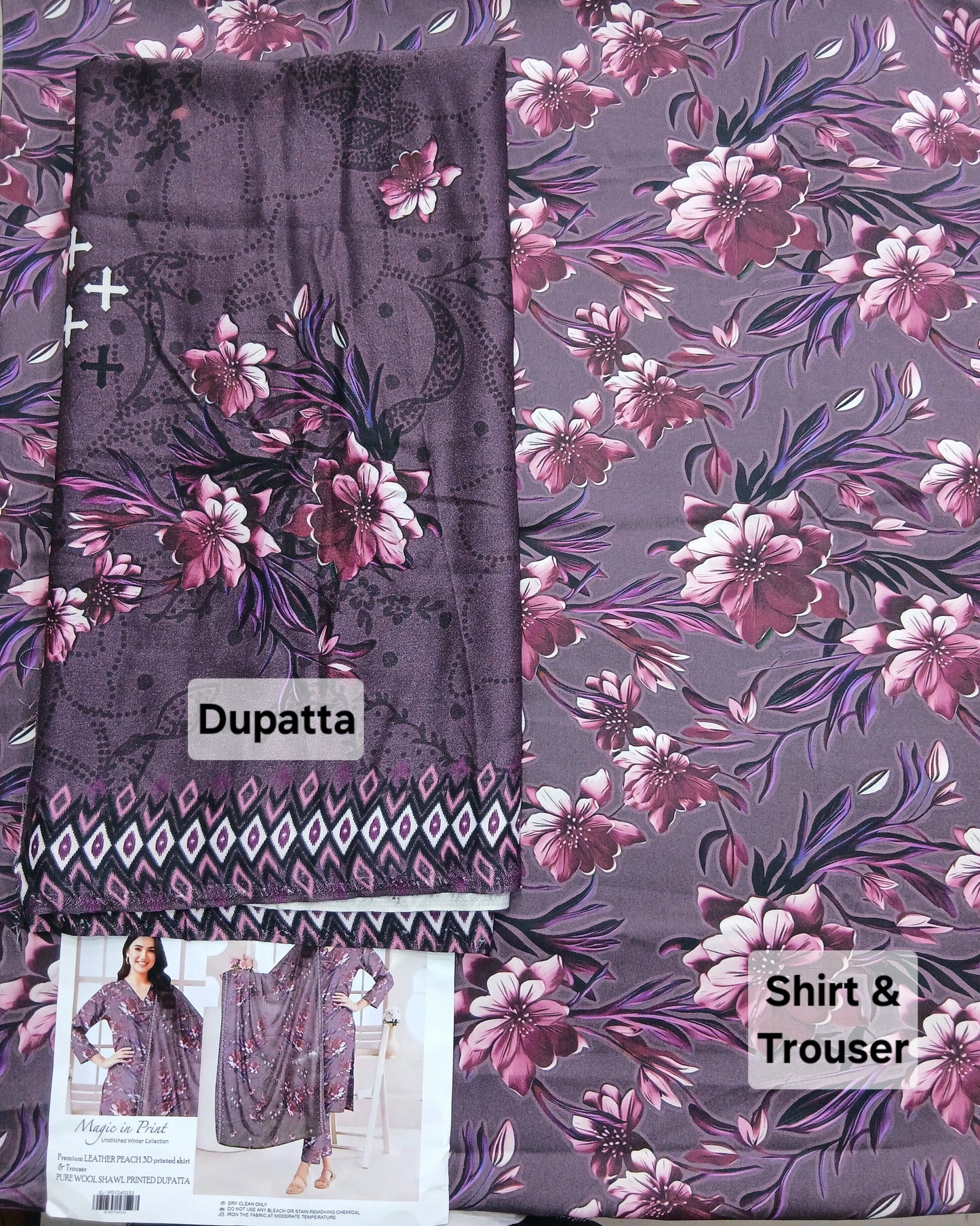 Menakari 3PC Printed Leather Peach Suit with Pure Wool Shawl