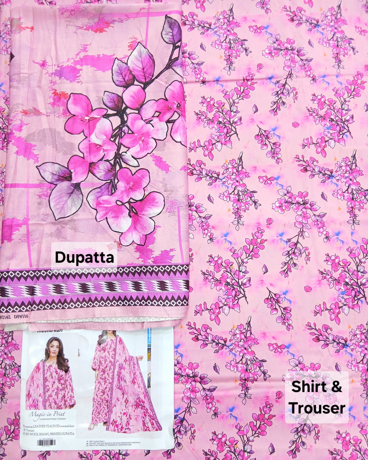 Menakari 3PC Printed Leather Peach Suit with Pure Wool Shawl