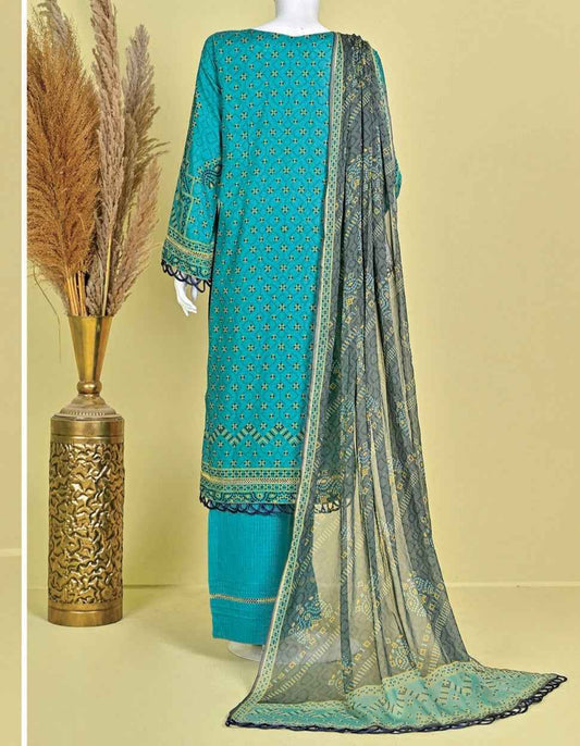Murashe D-03: Teal Printed Viscose 3pc Suit | Bin Amin Textiles