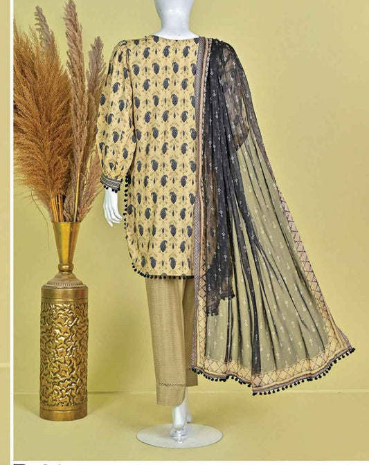Murashe D-04: Khaki Printed Viscose 3pc Suit | Bin Amin Textiles