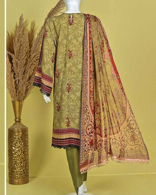 Murashe D-08: Olive Printed Viscose 3pc Suit | Bin Amin Textiles
