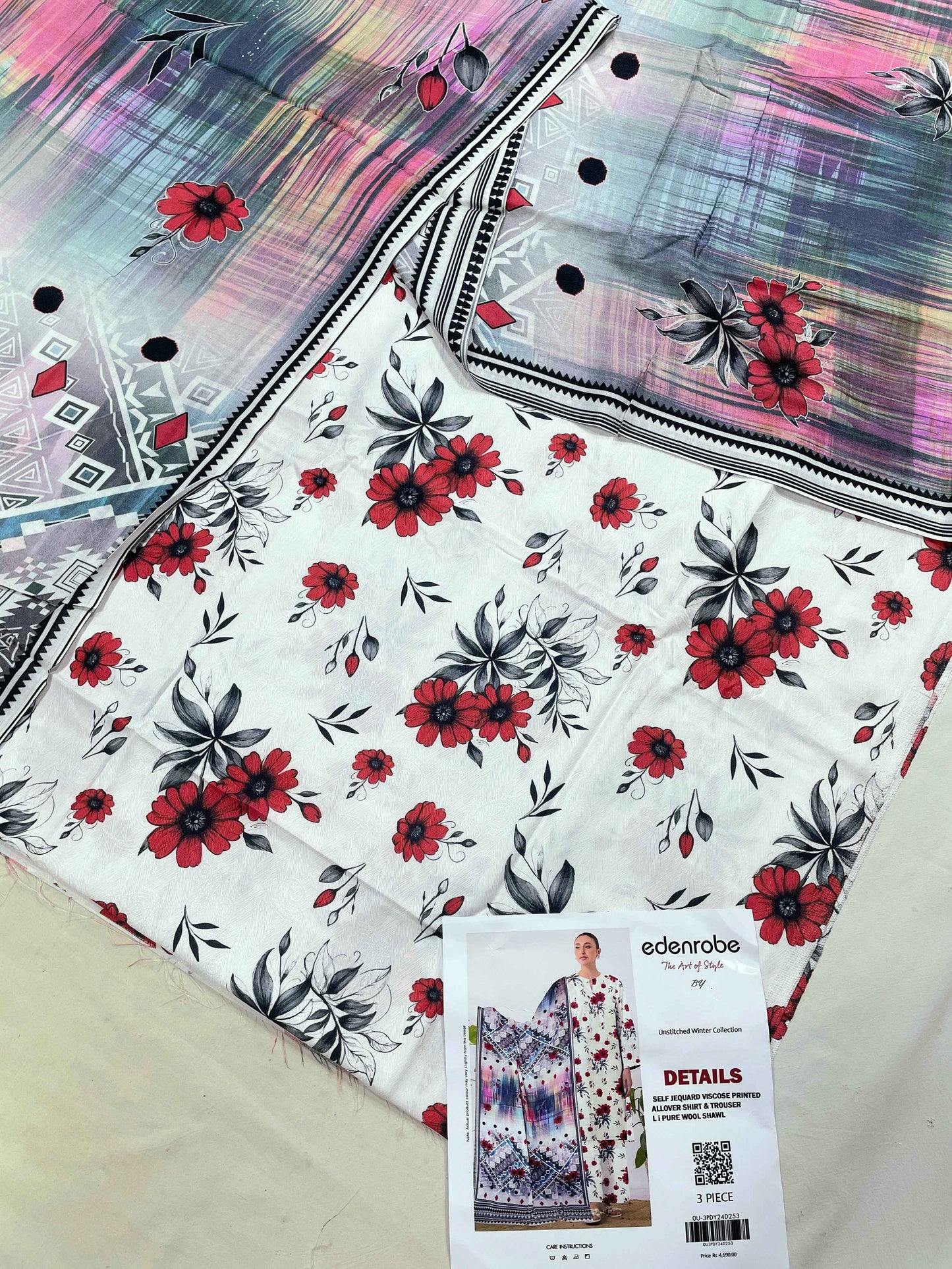 Floral Jacquard Viscose 3-Piece Unstitched with Wool Shawl