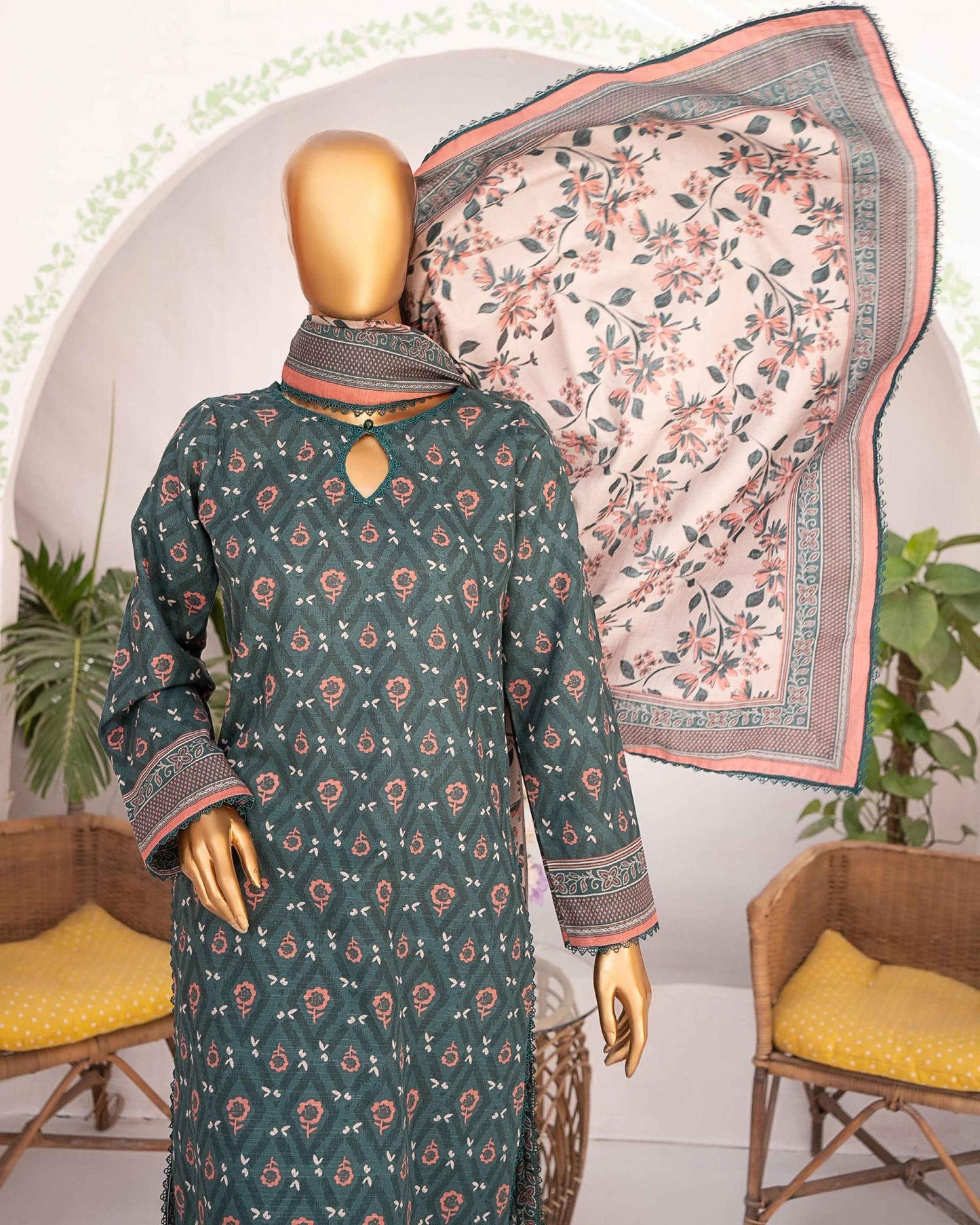 Mehak Khaddar 3Piece Suit – Teal Geometric Print