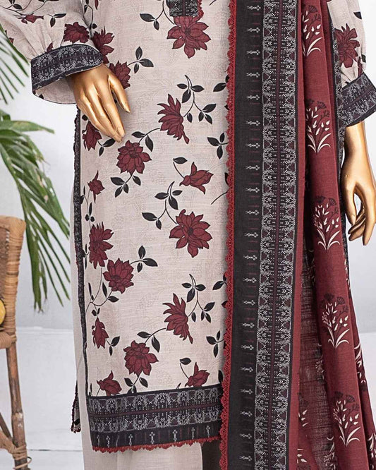 Mehak Khaddar 3Piece Suit – Beige Burgundy Floral Print