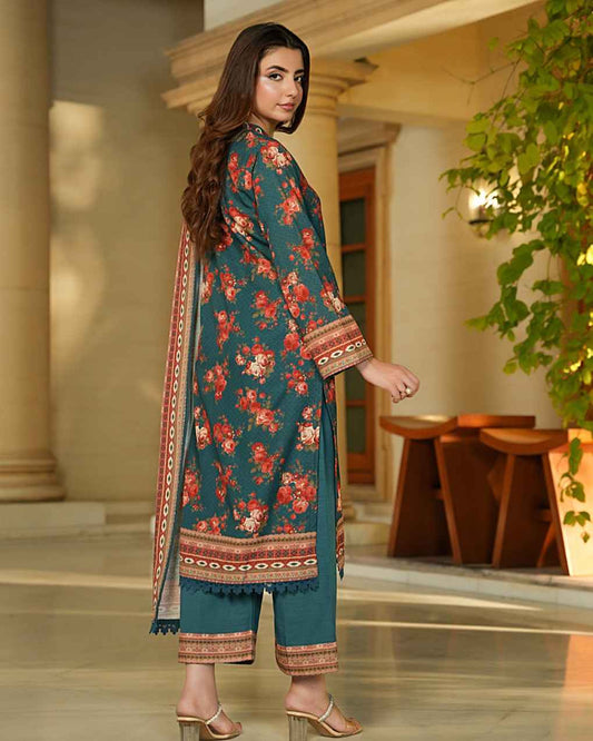 Salina Khaddar 3PC Suit – Deep Teal Rose Print