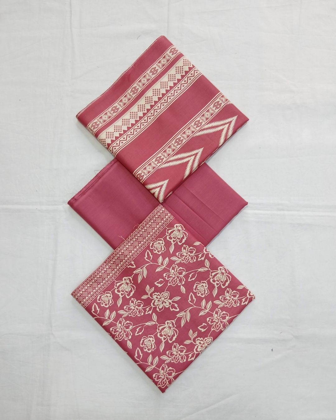 Rose pink floral geometric cotton 3pc suit by Ajwa Textiles