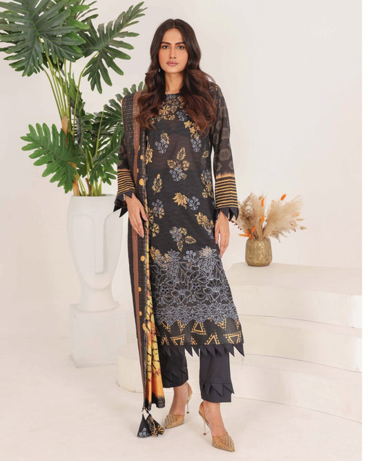 Faria Rang-e-Ronak | 3pc Unstitched Embroidered Lawn – Midnight Black