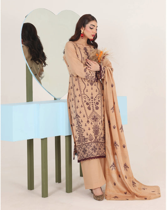 Faria Eid Ki Khushiyan Collection – Golden Sand 3-Piece Embroidered Lawn Suit