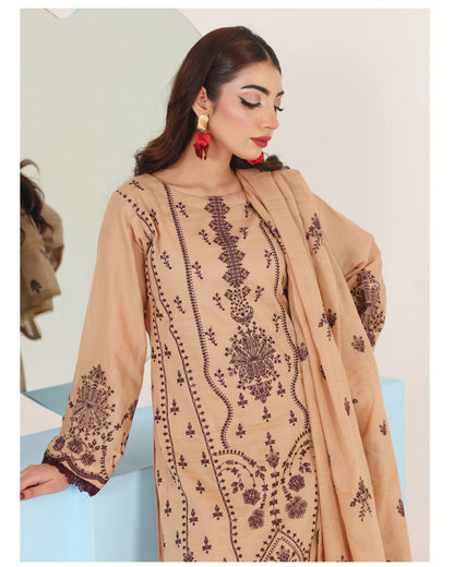 Faria Eid Ki Khushiyan Collection – Golden Sand 3-Piece Embroidered Lawn Suit