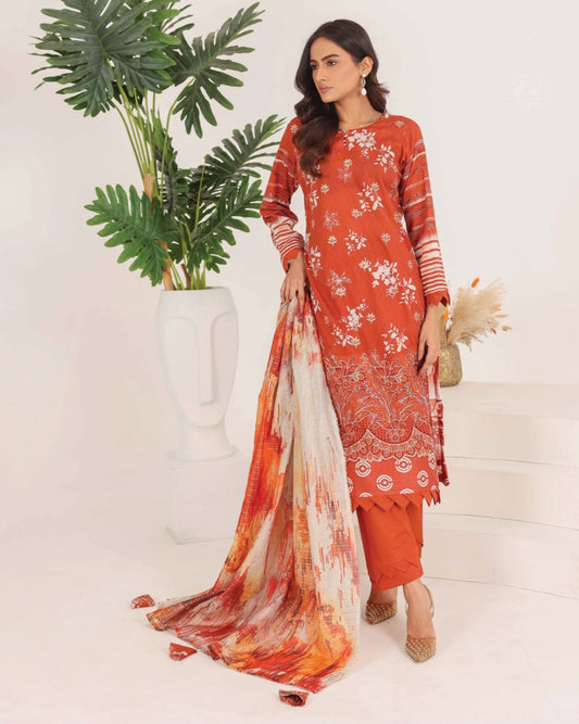 Faria Rang-e-Ronak | 3pc Unstitched Embroidered Lawn – Rust Orange