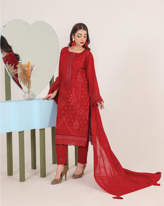 Faria Eid Ki Khushiyan Collection – Crimson Bliss 3-Piece Embroidered Lawn Suit