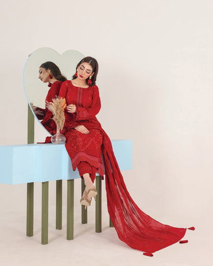 Faria Eid Ki Khushiyan Collection – Crimson Bliss 3-Piece Embroidered Lawn Suit