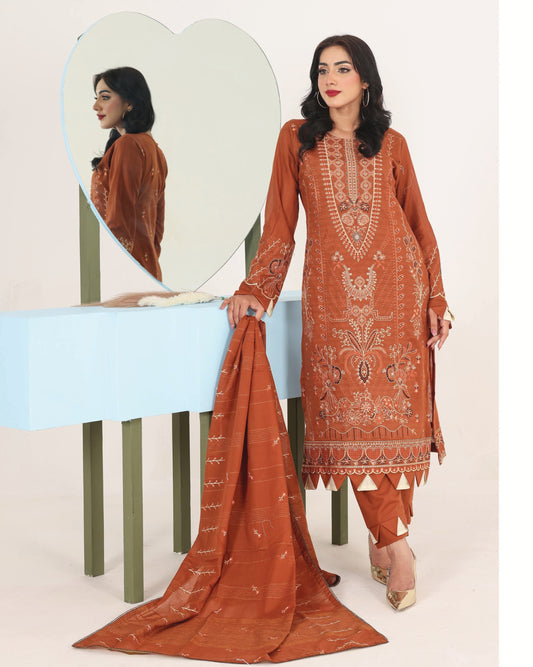 Faria Eid Ki Khushiyan Collection – Amber Glow 3-Piece Embroidered Lawn Suit