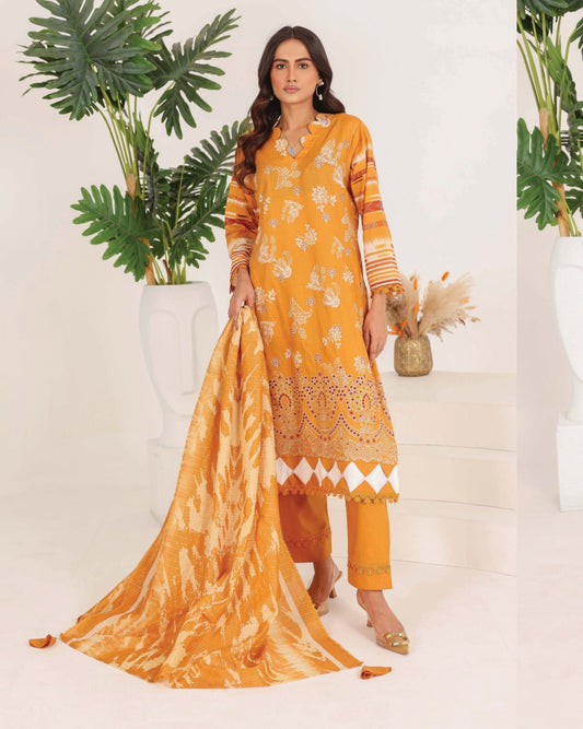 Faria Rang-e-Ronak | 3pc Unstitched Embroidered Lawn – Mustard Yellow
