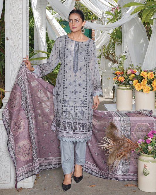 Faria Floral Dove Grey Embroidered Lawn Suit - Premium Eid Collection 2026