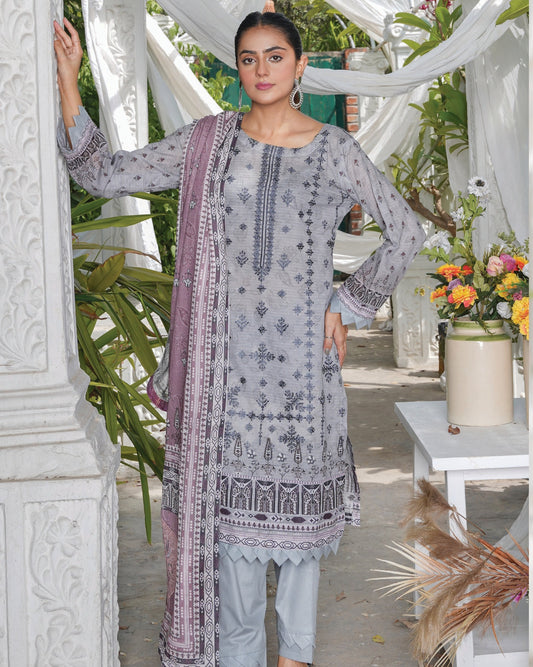 Faria Floral Dove Grey Embroidered Lawn Suit - Premium Eid Collection 2026