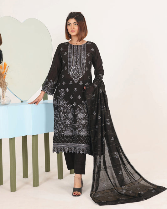 Faria Eid Ki Khushiyan Collection – Midnight Luxe 3-Piece Embroidered Lawn Suit