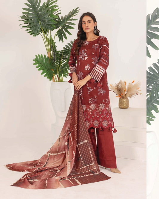 Faria Rang-e-Ronak | 3pc Unstitched Embroidered Lawn – Deep Maroon