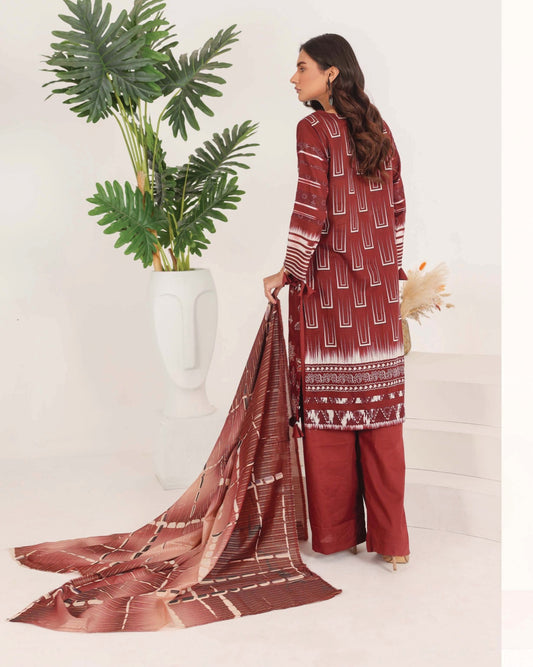 Faria Rang-e-Ronak | 3pc Unstitched Embroidered Lawn – Deep Maroon