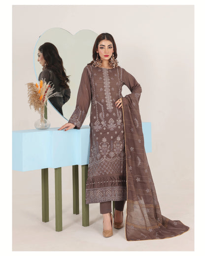 Faria Eid Ki Khushiyan Collection – Cocoa Dusk 3-Piece Embroidered Lawn Suit