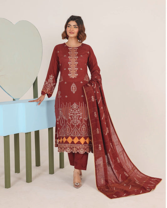 Faria Eid Ki Khushiyan Collection – Royal Burgundy 3-Piece Embroidered Lawn Suit