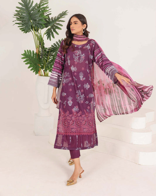 Faria Rang-e-Ronak | 3pc Unstitched Embroidered Lawn – Purple Plum