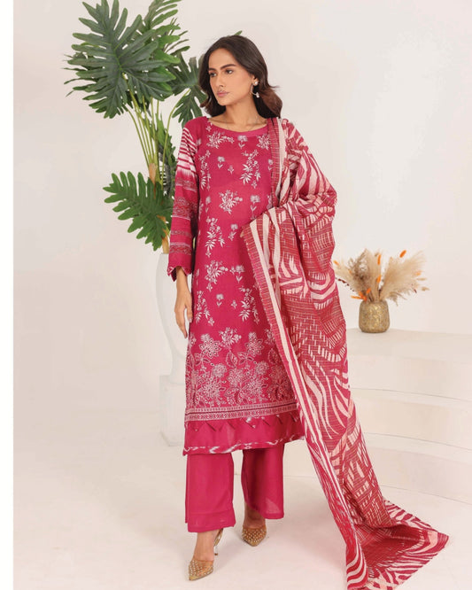 Faria Rang-e-Ronak | 3pc Unstitched Embroidered Lawn – Raspberry Pink