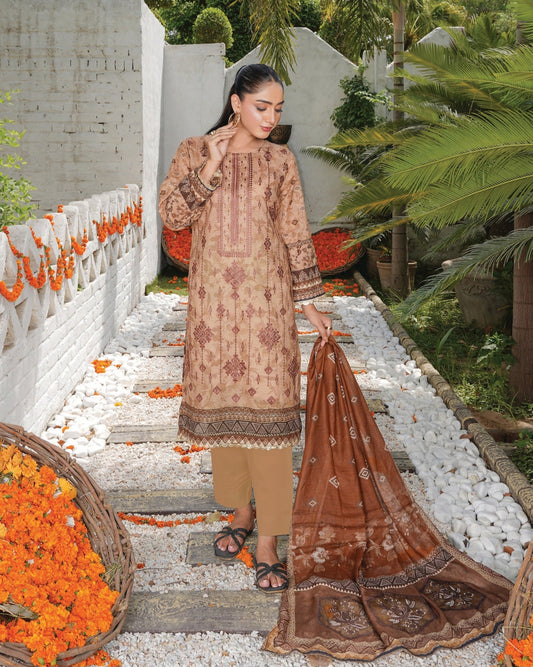 Faria Floral Caramel Beige Embroidered Lawn Suit - Premium Eid Collection 2026