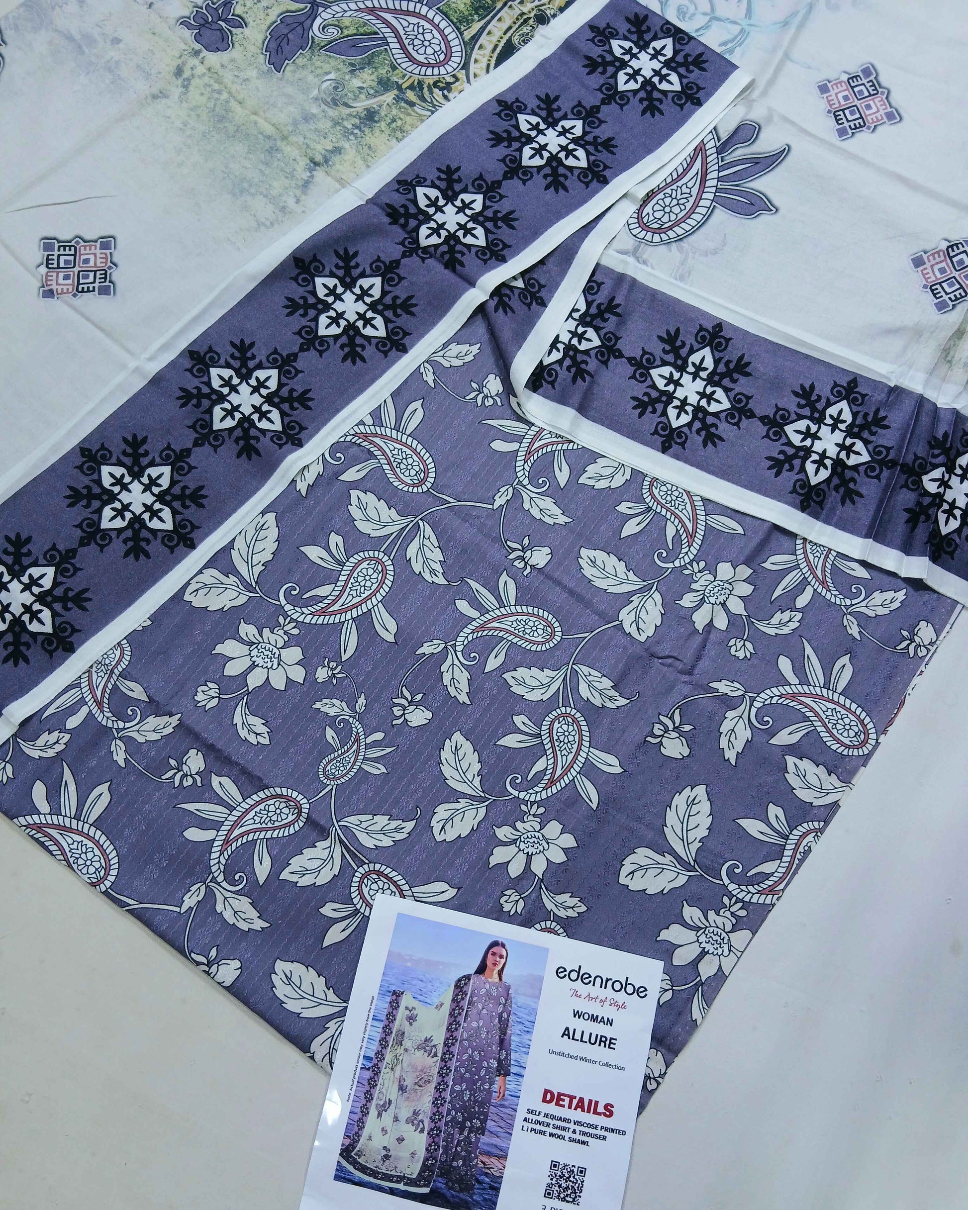 Floral Jacquard Viscose 3-Piece Unstitched with Wool Shawl