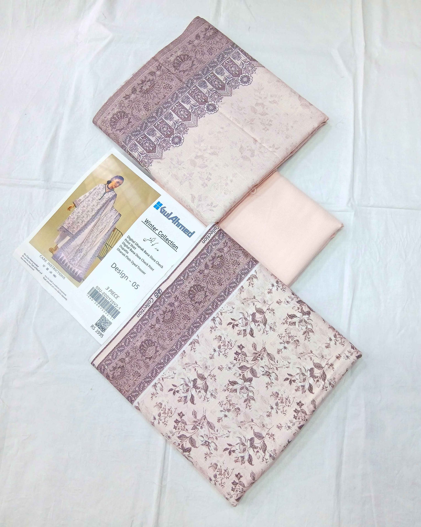 Winter Collection Pale Peach Dhanak 3PC Unstitched Suit