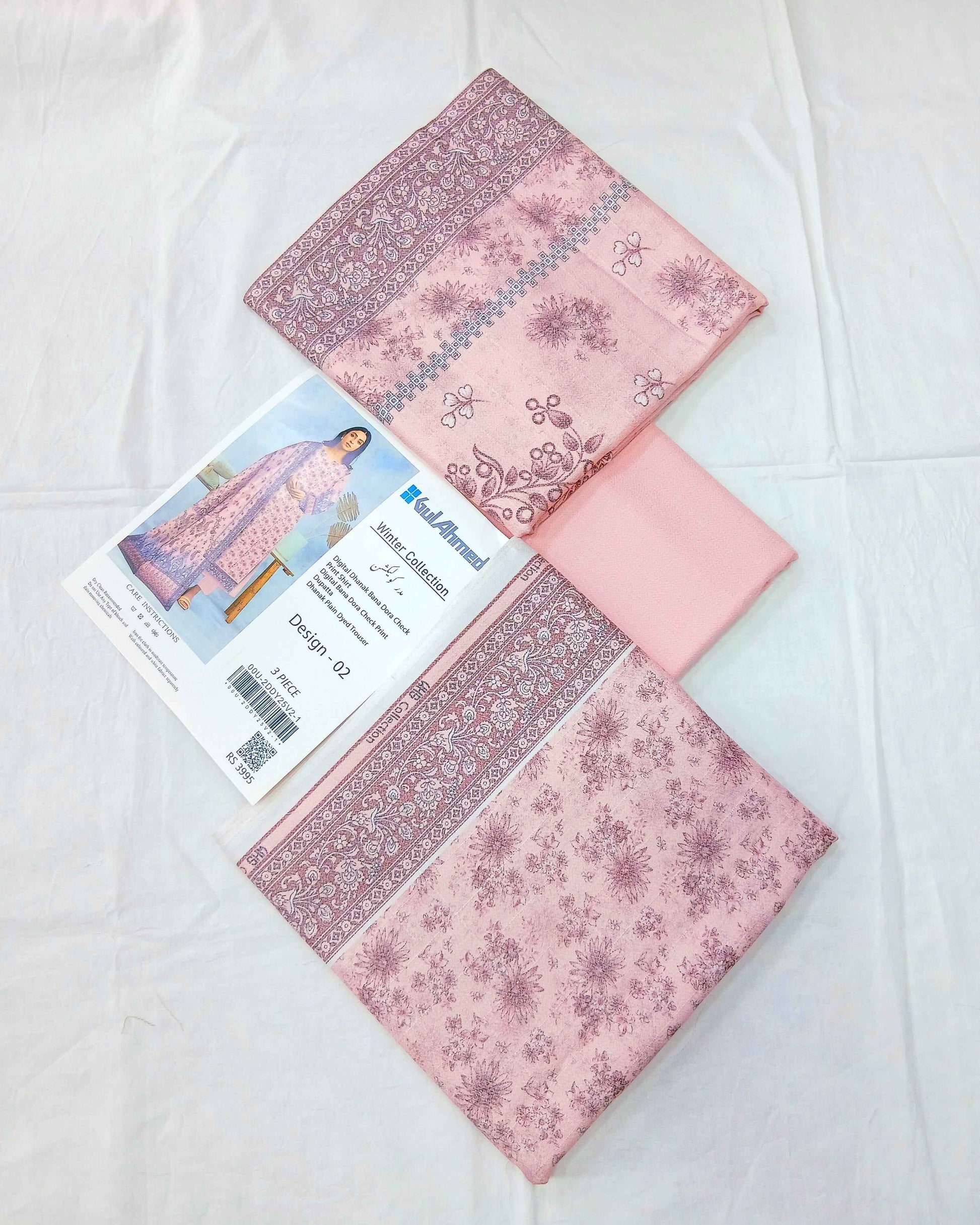 Winter Collection Baby Pink Dhanak 3PC Unstitched Suit