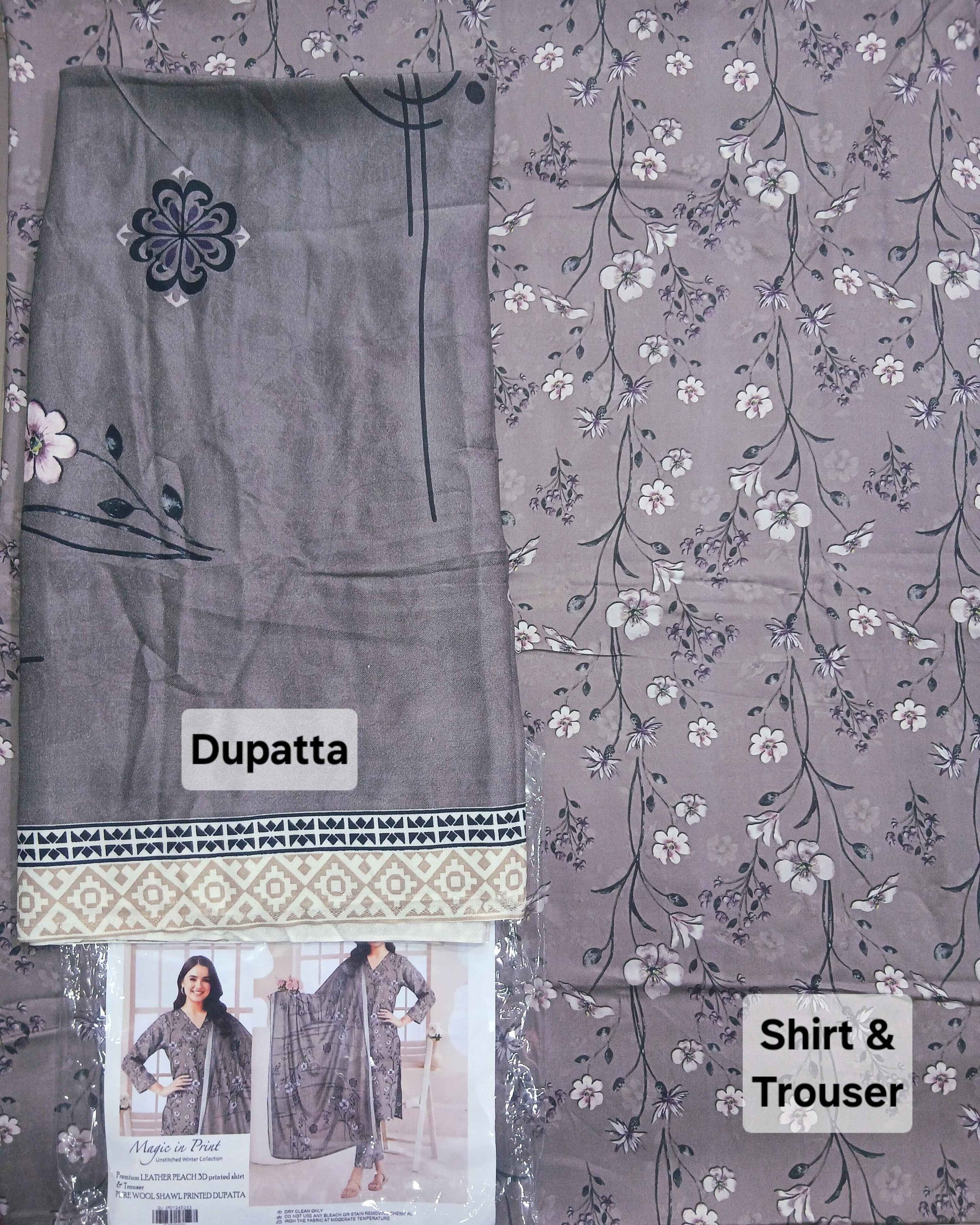 Menakari 3PC Printed Leather Peach Suit with Pure Wool Shawl