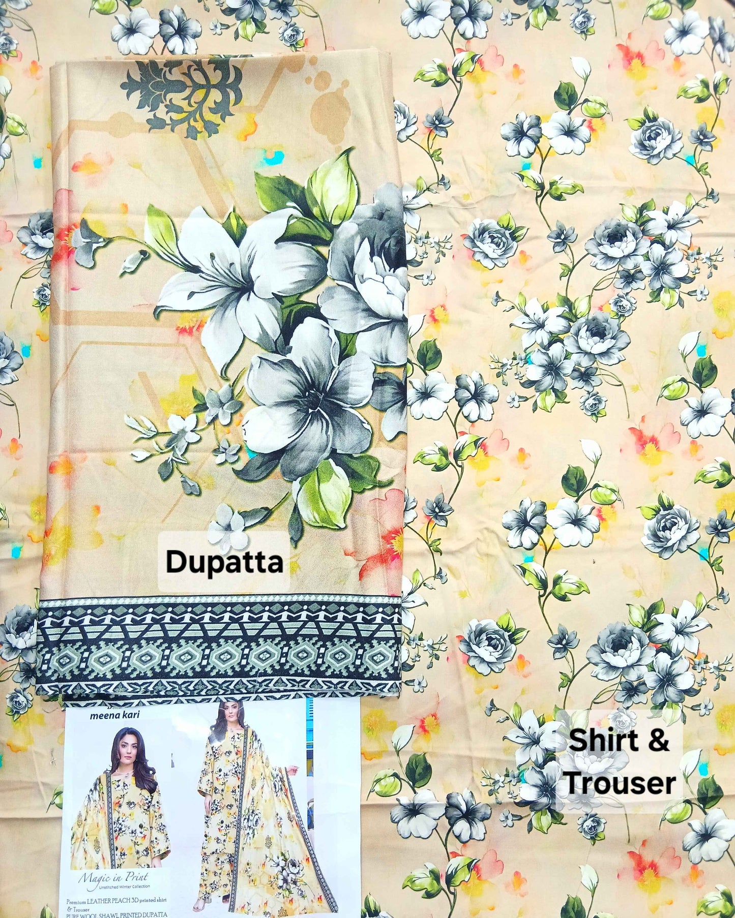 Menakari 3PC Printed Leather Peach Suit with Pure Wool Shawl