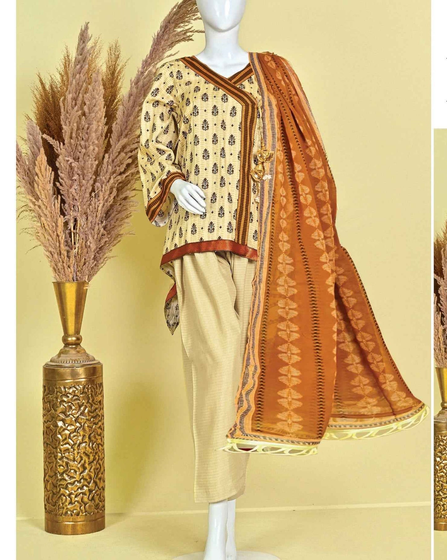 Murashe D-05: Beige Printed Viscose 3pc Suit | Bin Amin Textiles