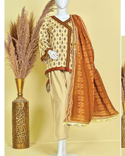 Murashe D-05: Beige Printed Viscose 3pc Suit | Bin Amin Textiles