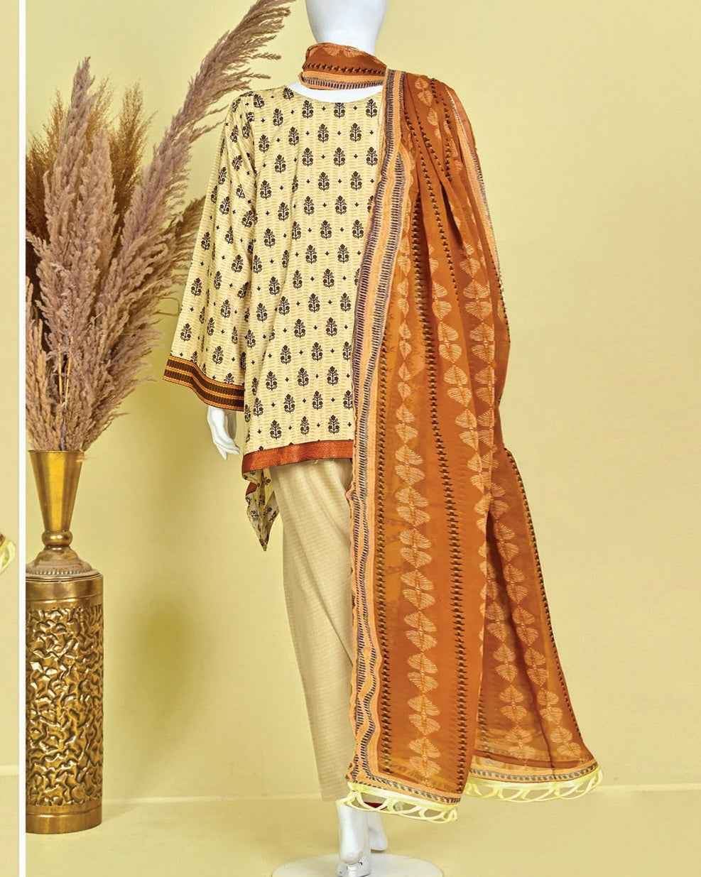 Murashe D-05: Beige Printed Viscose 3pc Suit | Bin Amin Textiles