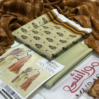 Murashe D-05: Beige Printed Viscose 3pc Suit | Bin Amin Textiles