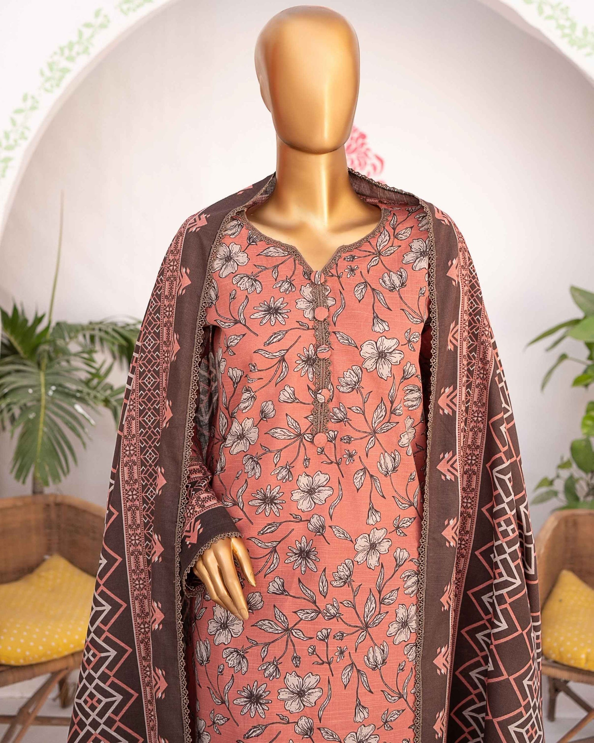 Mehak Khaddar 3Piece Suit – Coral Floral Print