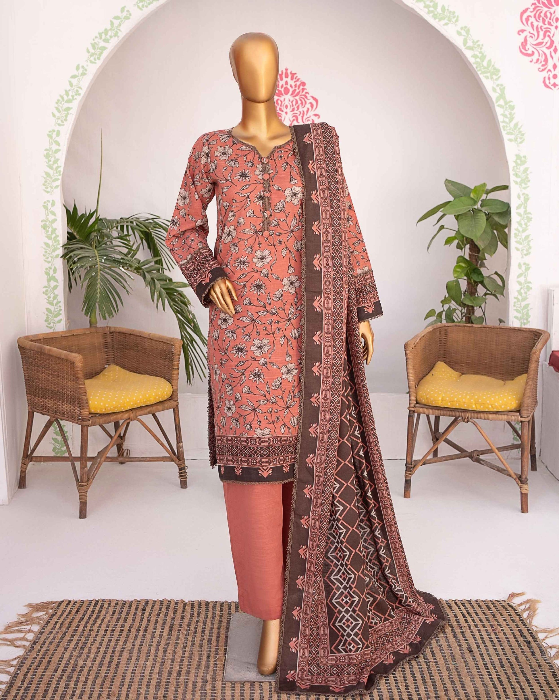 Mehak Khaddar 3Piece Suit – Coral Floral Print