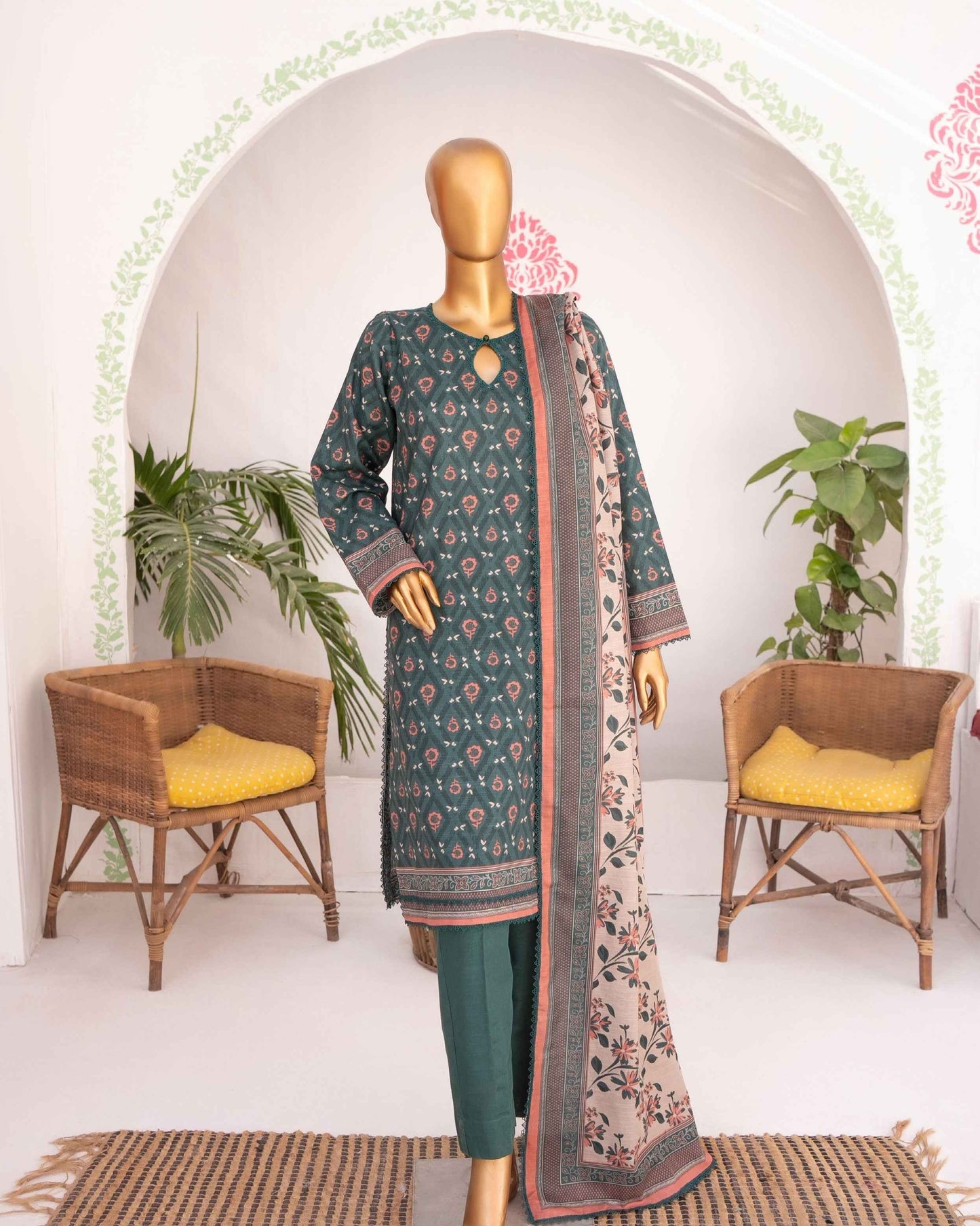 Mehak Khaddar 3Piece Suit – Teal Geometric Print