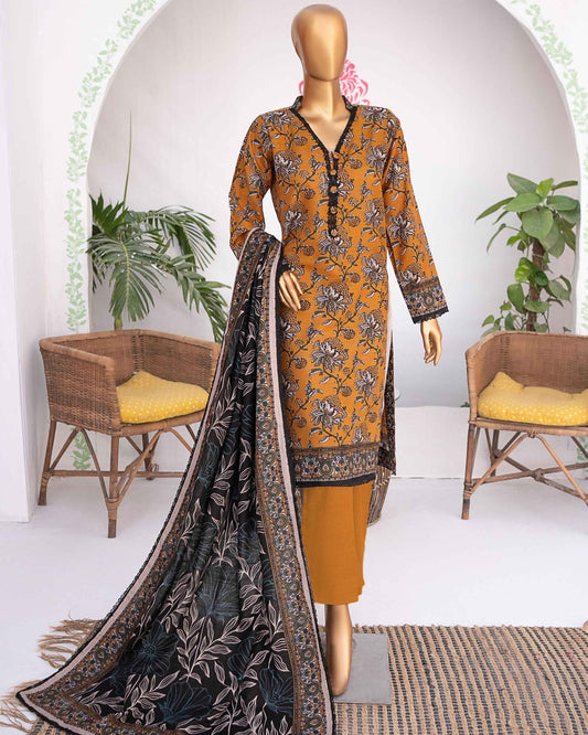 Mehak Khaddar 3Piece Suit – Mustard Floral Print