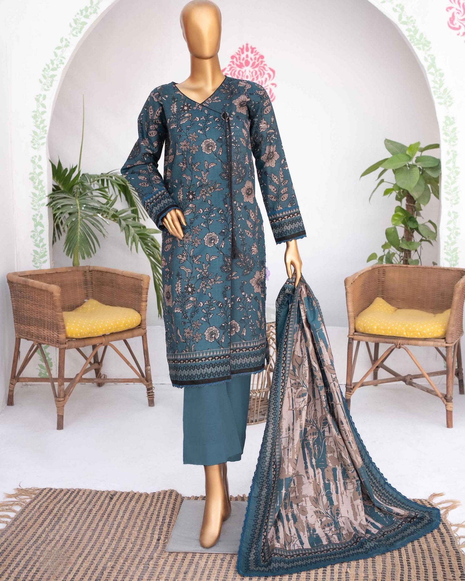 Mehak Khaddar 3Piece Suit – Deep Teal Floral Print